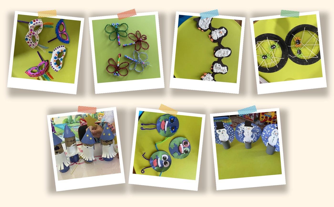 A collage of children's crafts made at Normandy Daycare &mdash; paper squirrels, pipe cleaner dragonflies, cotton-ball penguins, handprint clowns, and pencil-shaped crafts